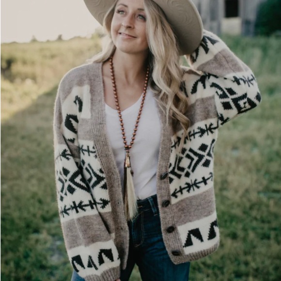 New Aztec Western Print Native Knit Wool Cardigan Sweater Button Front V-Neck - Picture 2 of 3